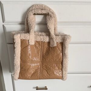 STAND STUDIO Shearling Trim Tan Tote Bag